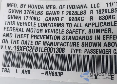 2020 Honda Civic Sport z USA, uszkodzony, nr VIN 19XFC2F81LE001308
